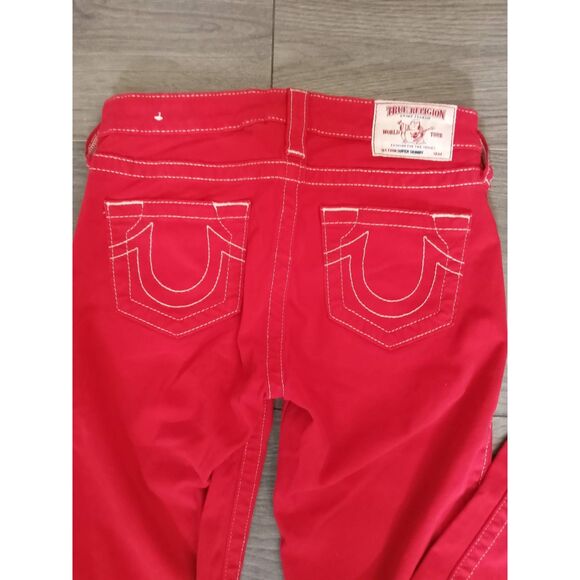 TRUE RELIGION Red Jeans Stretchy Super Skinny Low White Stitch 5 Pocket SZ 26 - Picture 4 of 11